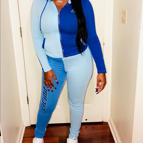 GSUWOO Blue color block zip hoodie set - Picture 2 of 9